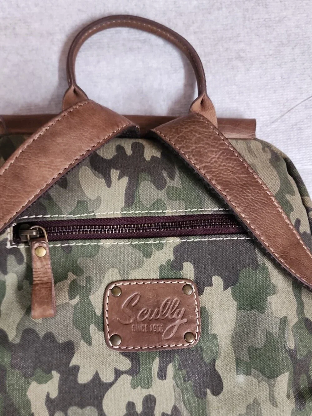 Scully Camouflage & Leather Ranger Canvas Backpack with Brown Trim